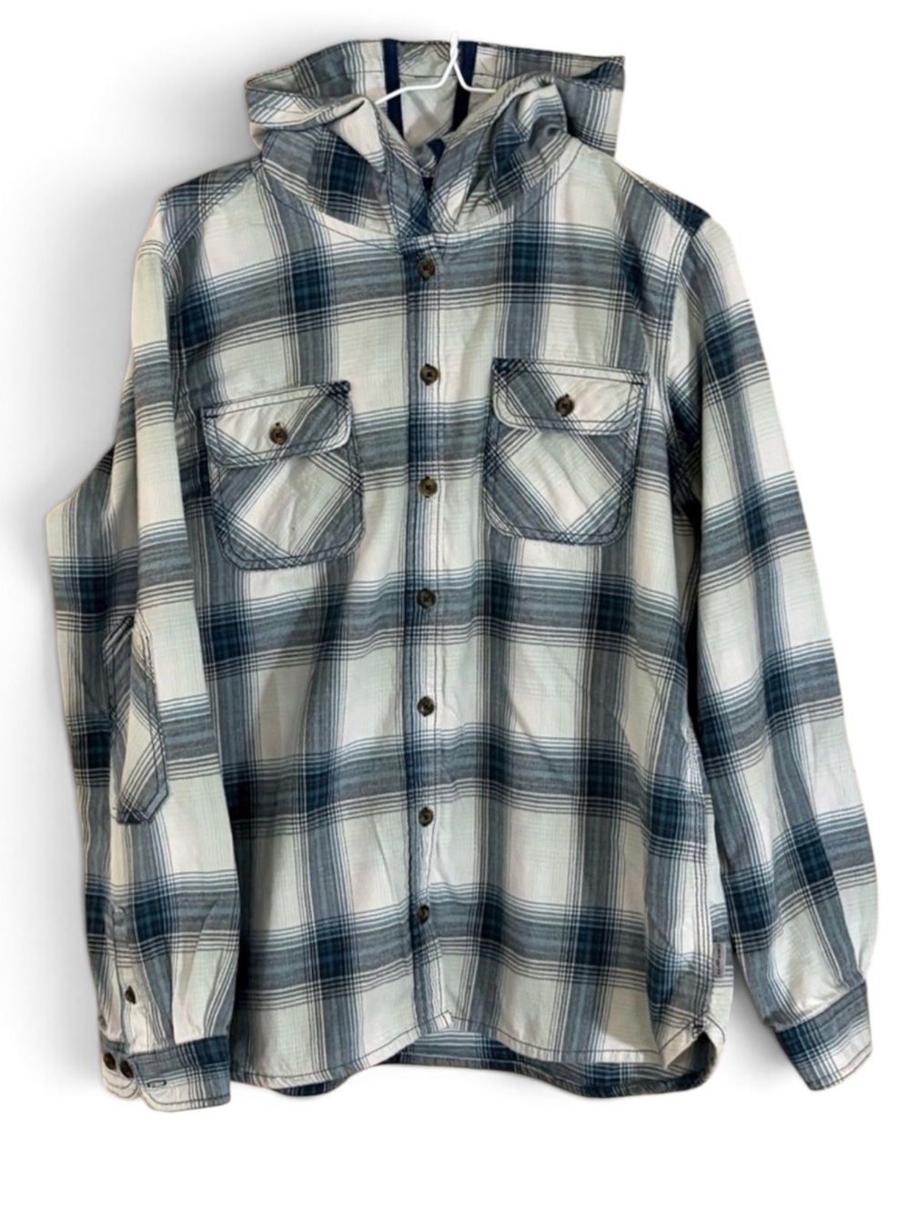 Carhartt Blue and White Flannel Plaid Hooded Button Down Shirt Jacket